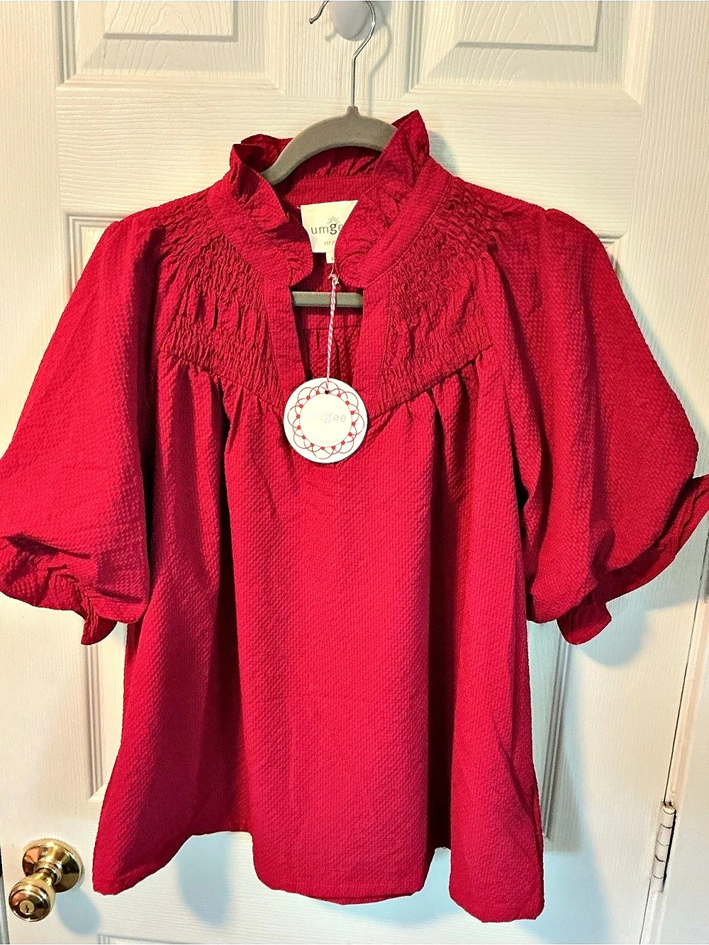 umgee Smocked Ruffle Sleeve Textured Top Blouse in Red Size Medium